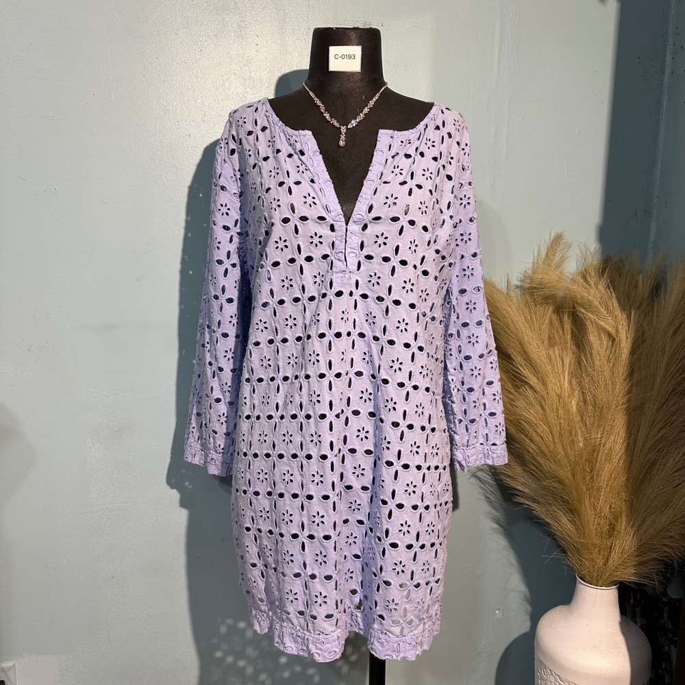 J.Crew Women Blue Floral Eyelet Cotton Tunic Top Split Neck 3/4 Sleeve Large